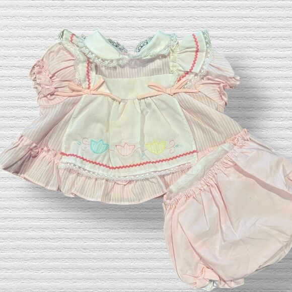 Vintage Cradle Togs Apron Dress With Bloomers Tulips Pink Size 0-6 Months 80s